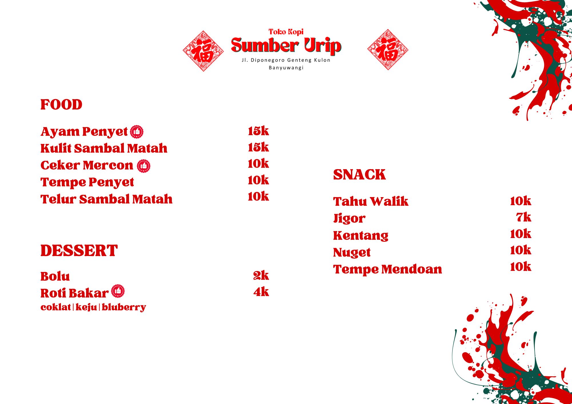 Menu Toko Kopi Sumber Urip